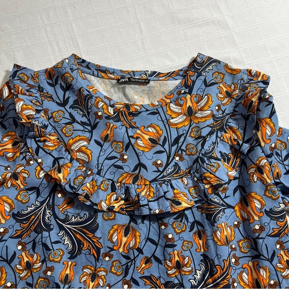 Zara Blue and Orange Floral Ruffle Peplum Top 100% Cotton Cottagecore Large - Picture 4 of 7
